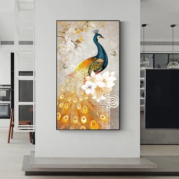 Golden Peacock Drugelis Gėlių, Plunksnų Paukštis, Drobė, Tapyba Gyvūnų Plakatai ir Spausdina Sienos Meno Nuotrauką Kambarį Dekoro