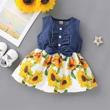 1-4Y Vaikams Baby Girl Dress Gėlių Džinsinio Lankas Berankovis Vasaros Atsitiktinis Šalis Suknelė Sundress Drabužiai