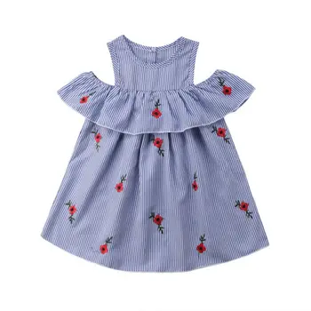 Vaikams, Kūdikių Mergaitės Suknelė Gėlių Dryžuotas Raukiniai Trumpas Rankovės Šalis Suknelė Sundress Dydis 3-7T