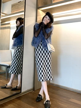 Elegantiškas Sijonas, Moterų Žiemos 2019 Korėjos Stilius Derliaus Argyle Pledas Aukšto Juosmens Ilgas Megztas Vilnos Sijonas Chaki, Juoda Pilka B324