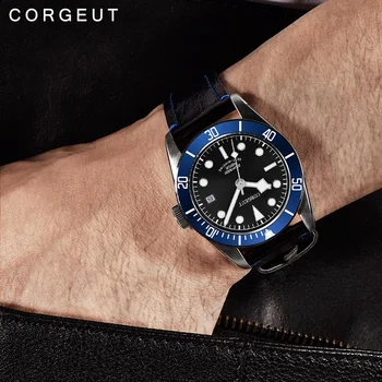 Corgeut 41mm Mechaninė Automatinė Mens Watch Karinės Black Dial Odinis Dirželis Šviesos Vandeniui Sporto Naras Laikrodis Vyrams
