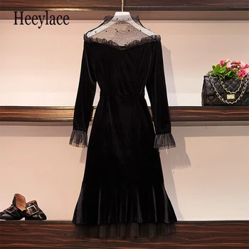 Plius dydis ponios juoda sexy tinklelio kratinys aksomo suknelės off peties aukšto juosmens korėjos didelių size vestidos rudenį slim suknelė