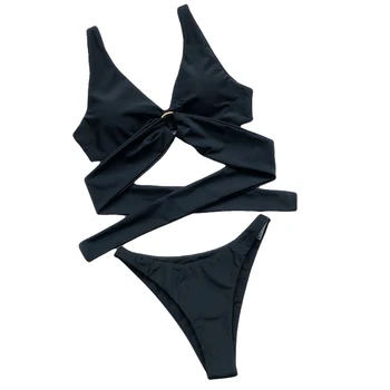 Moterų Žiedas Bikini maudymosi kostiumėlis Dviejų dalių dvipusis Paprasto Spalvos Nėrinių Maudymosi Kostiumas, Paplūdimio Black Maudymosi Kostiumėliai
