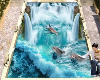 Nemokamas pristatymas 3D Custom Siena Lipdukas dophins didžiulis waterall grindys Tapyba, Foto Tapetai, Sienų ir namų dekoro freskos paštu