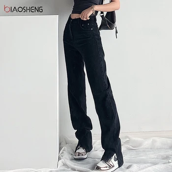 Moterų Džinsus Aukštu Juosmeniu Džinsai Moterims Mama Tiesiai Jean Femme Overlength Pločio Kojų Kelnės Mėlynos Mados Streetwear Džinsinio audinio Kelnės