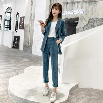 Korėjos S-XL Plus Size Velvetas Rudenį Švarkas Moterų Kostiumas Ilgas Švarkas Kailis Mygtukas+Pieštukas Ziajać Dviejų dalių Komplektas Apranga Pavasario 2020 m.