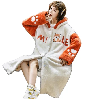 Mergina Aksomo Žiemos Skraiste Mielas Chalatas Karikatūros Gobtuvu Megztinis Mygtukai Pižamą Šiltą Storio Patogus Homewear Pižamos Moterims