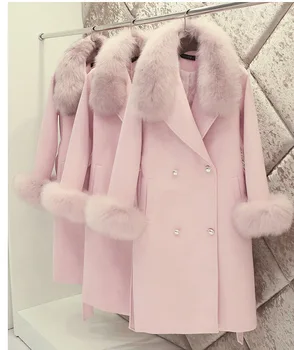 Mados Moterų Vilnoniai Paltai 2019 Žiemos Plonas Kietas Kišenėje Dvieiliai Didelis Kailių Apykaklės Storas Šiltas Vilnonis Paltas Moteriška Outwear