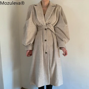 Mozuleva Derliaus Atvartas Pledas Moterų Vilnoniai Paltai Single-breasted Varčias Sluoksniuotos Rankovėmis Moteriška Ilgi Paltai Ponios Mišinys Paltai 2020 m.