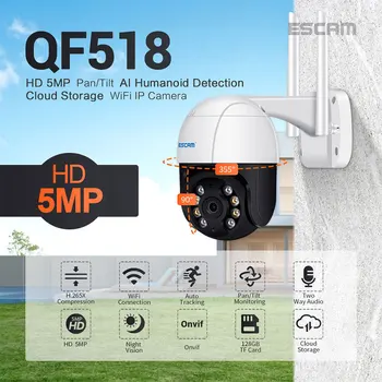 ESCAM Unikalus QF518 5MP Pan/Tilt AI Humanoidų Auto Aptikimo Sekimo Saugykla Debesyje, Wi-fi IP Kamera su Dviejų krypčių Garso Naktinio Matymo