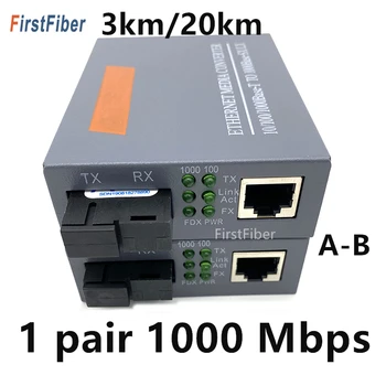 1 Pora 10/100/1000Mbps, 3KM arba 20KM Media Converter Pluošto Optica Transiveris FTTH Regos Gigabit Conversor De Fibra SM
