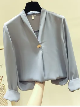Mados V Kaklo Satino Palaidinė Atsitiktinis Marškinėliai ilgomis Rankovėmis Mygtuką Moterų Slim Palaidinės Office Lady Marškiniai, Elegantiškas Marškinėliai Topai 2020 naujas