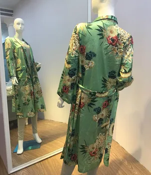 TEELYNN žalia gėlių spausdinti satino kimono kaftan moterų bikini padengti iki derliaus ilgomis rankovėmis rudens apdaras vestidos boho paplūdimio palaidinukės