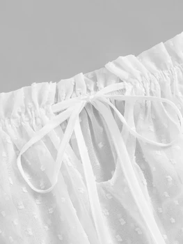 Seksualus Pasėlių Viršuje Skaidrios Baltos spalvos Marškinėliai Moterims Velniop Kaklo Žibintų Rankovės Raukiniai Dot Palaidinė Top Nėrinių blusas femininas T89392