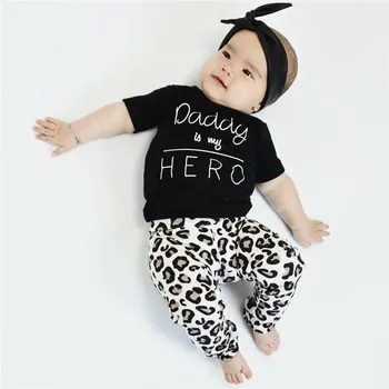 Kūdikis, Naujagimis Kūdikis, Vaikas, Kūdikis Mergaičių Vasaros Trumpas Rankovės O-Kaklo T-shirt Leopard Kelnes Lankelis 3Pcs Drabužių Komplektas Komplektai Kostiumas