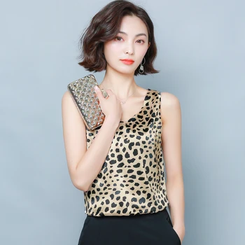 Korėjos Šilko Moterų Viršūnių Moteris Leopard Bako Viršuje Plius Dydis Moterų V-kaklo Satino Rankovių Viršūnes Tees Office Lady Spausdinti Bakas Camis Viršų