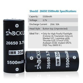 Shockli 26650 baterija 5500mAh 3.7 V 26650 Li-ion baterija 20A 26650 ličio baterijas didelio galingumo žibintuvėlį TC20