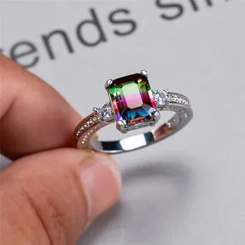 Žavesio Moterų Rainbow Crystal Akmens Žiedas Classic Sidabro Spalvos Plonas Vestuviniai Žiedai Moterims Žada Aikštėje Cirkonis Vestuvinis Žiedas
