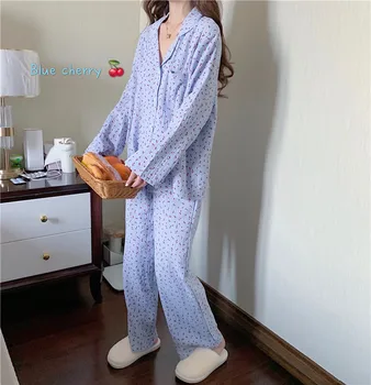 Patogios minkštos medvilnės namų kostiumas moterims sleepwear drebulys vyšnių spausdinimo mielas ilgomis rankovėmis pižamos komplektas marškinėliai kelnės paprasta Y060
