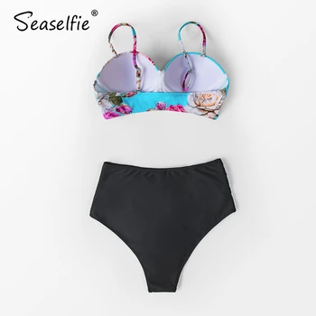 SEASELFIE Gėlių Juoda Push Up paaukštintu liemeniu Bikini Rinkiniai maudymosi kostiumėlį Dviejų dalių maudymosi Kostiumėliai Moterims, 2021 M. Vasaros Paplūdimio Maudymosi Kostiumas