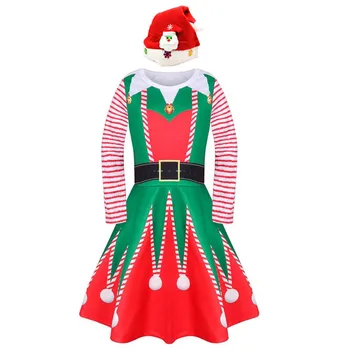 Merginos Kalėdų Dress Santa Claus Juostele Spausdinti Santa Dress Vaikams ilgomis Rankovėmis Karnavalas Šalies Drabužius su Red Hat Vestido Girl