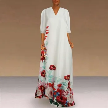 2020 Naujas Spausdinti Vintage Suknelė Moterims Atsitiktinis Pusė Rankovės Gėlių Ilga Suknelė Rudenį V-Kaklo Big Swing Maxi Suknelė Vestidos Dydis S-3XL