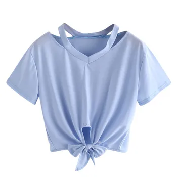 Naujas moterų trumparankoviai marškinėliai mados atsitiktinis iškirpti V-kaklo peteliškę tvarstis marškinėliai T-shirt viršuje vientisos spalvos
