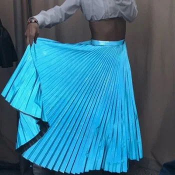 Moterų Kietas Aukšto Juosmens Elastinga Juosmens Sijonas atvykimo Ilgas Klostuotas Metalo spalvos sijonas