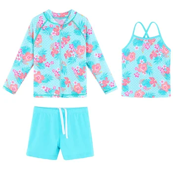 BAOHULU Trijų Vienetų Rinkinių Gėlių Spausdinti maudymosi kostiumėlį, maudymosi Kostiumėliai, Bikini Vaikai UPF50+ UV Saulės Apsauginio Paplūdimio Drabužiai Vaikams, Maudymosi Kostiumai