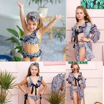 2020 Karšto Vaikams Mergaitėms Dviejų vienetų Bikini Nustatyti, maudymosi Kostiumėliai, Leopardas Spausdinti Raukiniai Vasaros Maudymosi Kostiumas, Paplūdimio drabužiai Padengti iki maudymosi Kostiumėliai, 1-6T