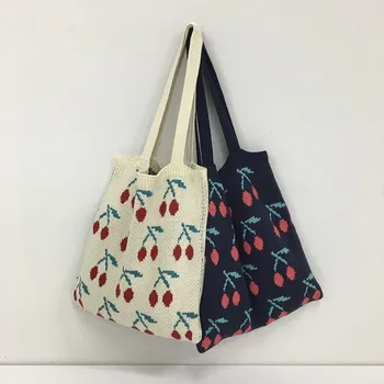 Universalus mezgimo vilnos moterų Maišas rudenį ir žiemą, krepšys, rankinė, vyšnių mažų šviežių didelės talpos Studentų korėjos pečių maišą