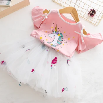 Vienaragis Suknelė Vasaros Suknelė Mergaitėms Rinkiniai 2019 Mielas Princesė Unicornio T - Shirt + Gazas Suknelė 2VNT Komplektas, Vaikų Drabužiai 3 8Y