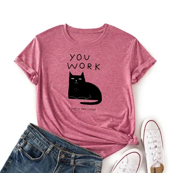 JFUNCY Plius Dydis-trumpomis Rankovėmis Marškinėlius Moterims Medvilnės Tees Gražių Animacinių filmų Katės Print T-shirt Vasaros Lady Viršūnes Moterų Marškinėliai