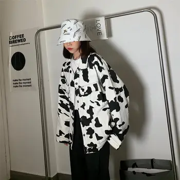 Korėjos Palaidų Karvių Spausdinti Striukė Moterims Derliaus Streetwear Džinsinio Striukė 2021 M. Pavasarį Naujas Vieno Krūtinėmis Plius Dydis Paltai