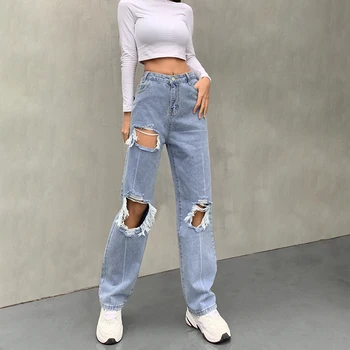 Darlingaga Streetwear Skylę Ripped Jeans Woman Aukšto Juosmens Burr Atsitiktinis Tiesiai Džinsinio Audinio Kelnės Ilgos Baggy Jeans Pantalon Femme Apačioje