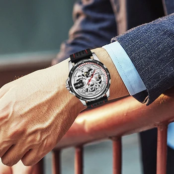 NUGALĖTOJAS Laikrodis, Automatinė Mechaninė vyriški Žiūrėti Vyrų Laikrodis Viršų Prabanga Skeletas Silikoninis Juodas Vyras Laikrodžius