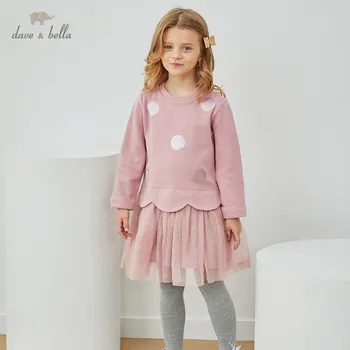 DKH14238 dave bella rudenį mergina mados taškų laiškas spausdinti kratinys tinklelio suknelė vaikų saldus suknelė vaikams kūdikiams lolita drabužiai