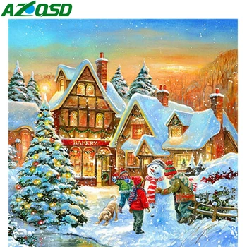AZQSD Diamond Siuvinėjimo Kalėdų Namas kvadratiniu/Apvalus Diamond Gręžimo, Dažymo 5d Sniego Kraštovaizdžio Namų Dekoro Kryželiu Rinkiniai