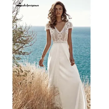 Plus Size Vestuvių Suknelės 2020 Paplūdimys Vestuvių Suknelės V Kaklo Nėrinių Backless Satino Valymo Traukinio Vestuvinės Suknelės Boho Chalatas de mariee
