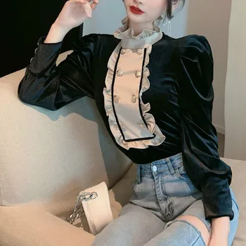 Ezgaga Derliaus Ilgomis Rankovėmis Moterų Palaidinė Veliūras Korėjos Raukiniai Kratinys Slim Mygtuką Elegantiškas Marškinėliai Moteriška Stovėti Apykaklės, Blusas