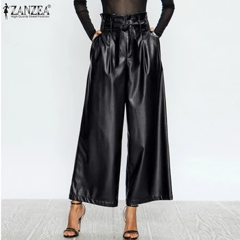Negabaritinių Moterų PU Odos Kelnės ZANZEA 2021 Stilingas Platus Kojų Kelnės Ruflle Aukšto Juosmens Pantalon Palazzo Moterų Kietas Ropė