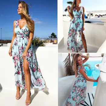 Moterų Boho Gėlių Long Beach Suknelė Kulkšnies Rankovių Ilgis V Kaklo Imperijos Vakare Šalies Paplūdimys Vasaros Padalinta Mėlyna Saulė Suknelės
