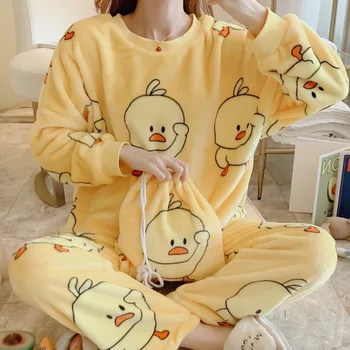 2020 M. Žiemos Moterys Flanelė Pižama Nustatyti Animacinių Filmų Mažai Geltona Antis Apvalios Kaklo Sleepwear Sutirštės Šiltos Pižamos Namų Drabužiai Nauji