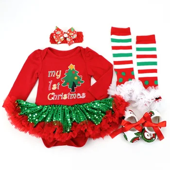 Baby Girl Suknelės Raudona Briedžių Bling-bling Tiulio Suknelė, Pirmą Kalėdų Dress+Batai+Lankelis+Kojinės 4pcs Tiktų Vaikams Drabužių 0-2T