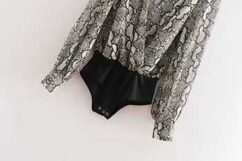 Moterų Retro seksualus kryžiaus v kaklo gyvatė spausdinti slim bodysuit atsitiktinis marškinėliai ilgomis rankovėmis siamo palaidinė playsuits feminina blusas LS2626