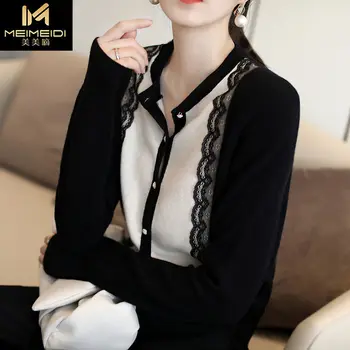 2020 m. rudens ir žiemos moteriškų naujas mados temperamentas kontrasto spalvų nėriniai pearl sagtis long sleeve top cardigan megztinis moterims