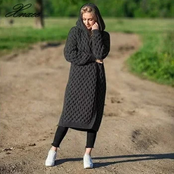 Ponios 2020 karšto rudens ir žiemos mados gobtuvu apvalkalą slim full moteris ilgas kailis kietas megzti atidaryti dygsnio mygtuką moterų kailis