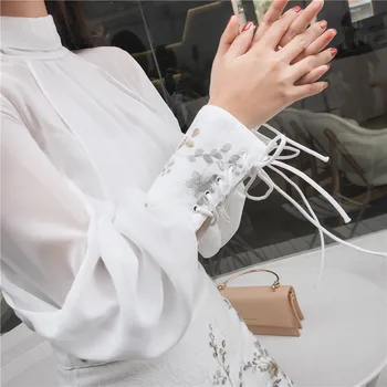 Prekės Kostiumas Nustatyti 2020 M. Naujų Moterims, Elegantiškas Bowknot Apykaklės Matyti Per Šifono Palaidinė Marškinėliai+Duobute Siuvinėjimo Aukšto Liemens Sijonas Rinkinys