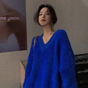 Mėlynasis V-kaklo Džemperis 2020 Naujas Prarasti Moterų Rudenį ir Žiemą Sutirštės Megztinis Megztinis Viršų