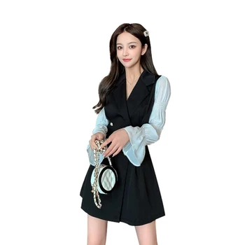 COIGARSAM Kratinys Moterų one-piece suknelė korėjos Sluoksniuotos Rankovėmis Atidaryti Dygsnio Suknelės Juoda 9906